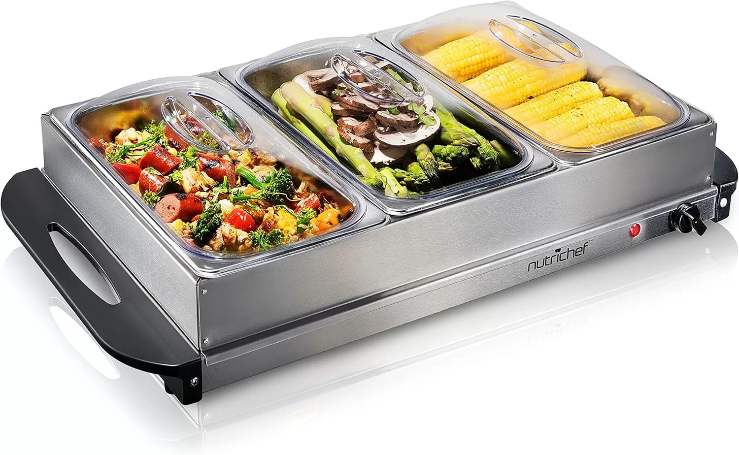 imageNutrichef Professional Stainless Steel Buffet Warmer Server with 3 Trays  Portable Hot Plate Food Warmer Station for Parties ampamp Events  Easy to Clean  3 Seethrough lids  Max Temperature 175F3 Pot 35 Quart