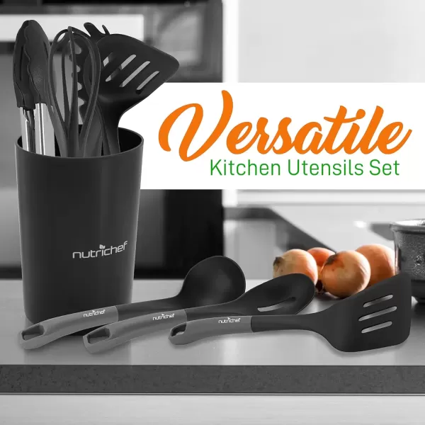 imageNutriChef 10 Pcs Silicone Heat Resistant Kitchen Cooking Utensils SetNonStick Baking Tools with PP Holder Silver ampamp Black 1Gray and Black