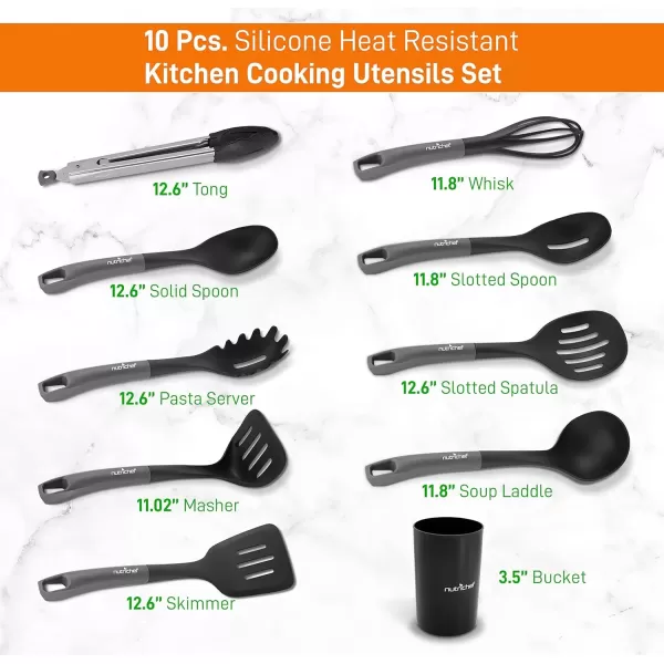 imageNutriChef 10 Pcs Silicone Heat Resistant Kitchen Cooking Utensils SetNonStick Baking Tools with PP Holder Silver ampamp Black 1Gray and Black