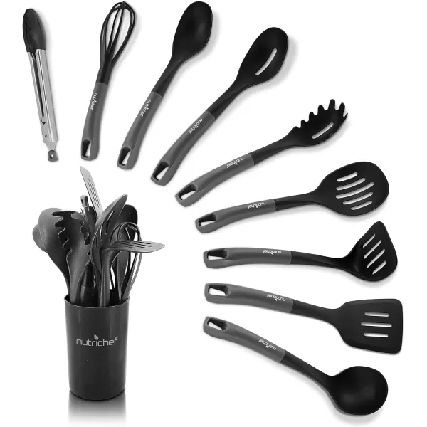 imageNutriChef 10 Pcs Silicone Heat Resistant Kitchen Cooking Utensils SetNonStick Baking Tools with PP Holder Silver ampamp Black 1Gray and Black