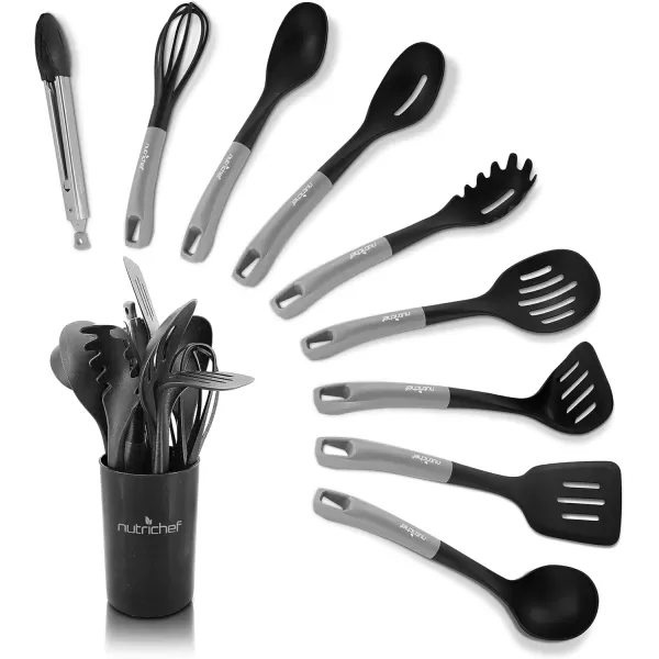 imageNutriChef 10 Pcs Silicone Heat Resistant Kitchen Cooking Utensils SetNonStick Baking Tools with PP Holder Silver ampamp Black 1Silver