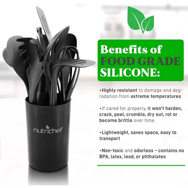 imageNutriChef 10 Pcs Silicone Heat Resistant Kitchen Cooking Utensils SetNonStick Baking Tools with PP Holder Silver ampamp Black 1Silver