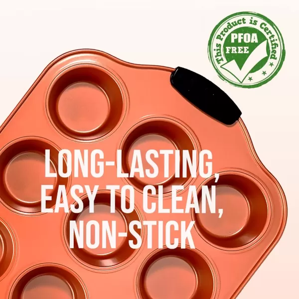 imageNutriChef 12 Cup Muffin Pan Durable and Nonstick Carbon Steel Bake Pan with Silicone Handles Kitchen Essential Cupcake Pan Stain Resistant Easy Clean PFOA PFOS PTFE Free 1622 x 1043Copper