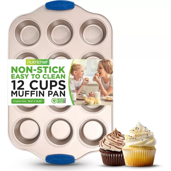 imageNutriChef 12 Cup Muffin Pan Durable and Nonstick Carbon Steel Bake Pan with Silicone Handles Kitchen Essential Cupcake Pan Stain Resistant Easy Clean PFOA PFOS PTFE Free 1622 x 1043Gold