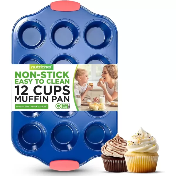 imageNutriChef 12 Cup Muffin Pan Durable and Nonstick Carbon Steel Bake Pan with Silicone Handles Kitchen Essential Cupcake Pan Stain Resistant Easy Clean PFOA PFOS PTFE Free 1622 x 1043Blue