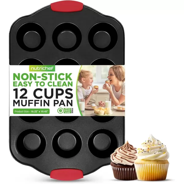 imageNutriChef 12 Cup Muffin Pan Durable and Nonstick Carbon Steel Bake Pan with Silicone Handles Kitchen Essential Cupcake Pan Stain Resistant Easy Clean PFOA PFOS PTFE Free 1622 x 1043Black
