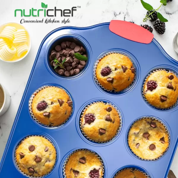 imageNutriChef 12 Cup Muffin Pan Durable and Nonstick Carbon Steel Bake Pan with Silicone Handles Kitchen Essential Cupcake Pan Stain Resistant Easy Clean PFOA PFOS PTFE Free 1622 x 1043Blue