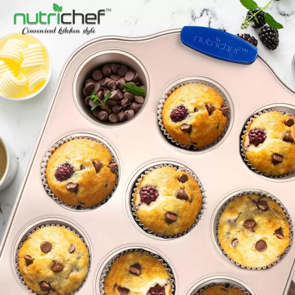 imageNutriChef 12 Cup Muffin Pan Durable and Nonstick Carbon Steel Bake Pan with Silicone Handles Kitchen Essential Cupcake Pan Stain Resistant Easy Clean PFOA PFOS PTFE Free 1622 x 1043Gold