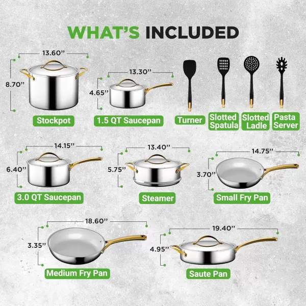 imageNutriChef 12Piece Stainless Steel Kitchenware  Pots ampamp Pans Set Clad Kitchen Cookware wSteel HandlesFry Pan Interior Coated wPrestige Ceramic NonStick CoatingStylish Kitchen Cookware NCSSX45Stainless Steel  Gold