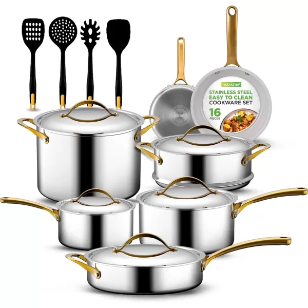 imageNutriChef 12Piece Stainless Steel Kitchenware  Pots ampamp Pans Set Clad Kitchen Cookware wSteel HandlesFry Pan Interior Coated wPrestige Ceramic NonStick CoatingStylish Kitchen Cookware NCSSX45Royal gold