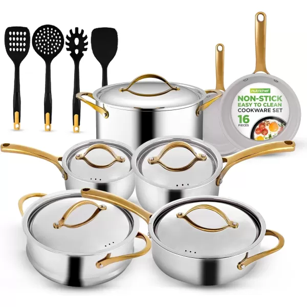imageNutriChef 12Piece Stainless Steel Kitchenware  Pots ampamp Pans Set Clad Kitchen Cookware wSteel HandlesFry Pan Interior Coated wPrestige Ceramic NonStick CoatingStylish Kitchen Cookware NCSSX45Stainless Steel  Gold