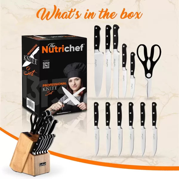 imageNutriChef 13Piece Kitchen Knife Set with Wooden Block  Precision Crafted Stainless Steel Knives with Scissors ampamp BuiltIn Sharpener  Lightweight Durable ampamp Razor Sharp  Dishwasher Safe NCKNS13