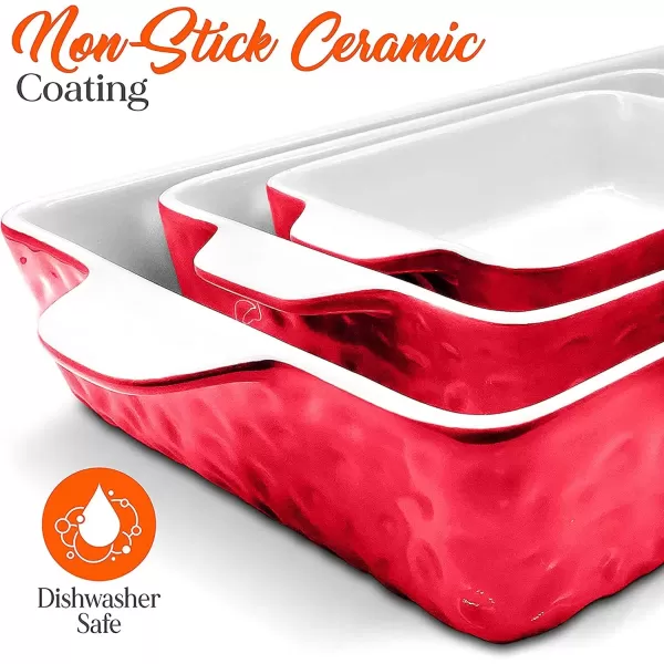 imageNutriChef 3Piece Ceramic Casserole Dish for Oven  Premium Lasagna Baking Pans w Nonstick Coating ampamp BuiltIn Handles  Dishwasher ampamp Microwave Safe  14quot x 8quot 10quot x 6quot 7quot x 5quot  RedRed