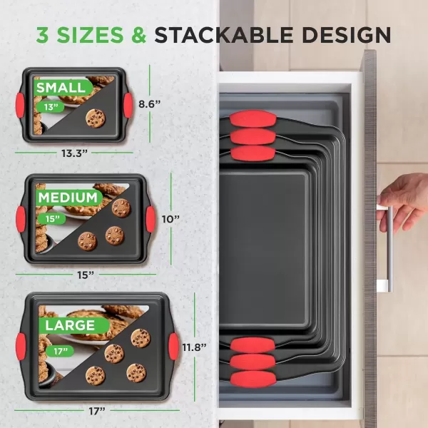 imageNutriChef 3Piece Nonstick Kitchen Oven Baking Pans  Premium ampamp Stylish NonStick Steel Commercial Grade Restaurant Quality Metal Bakeware with Red Silicone Handles  Easy to Clean NCSBS3S3Piece Set