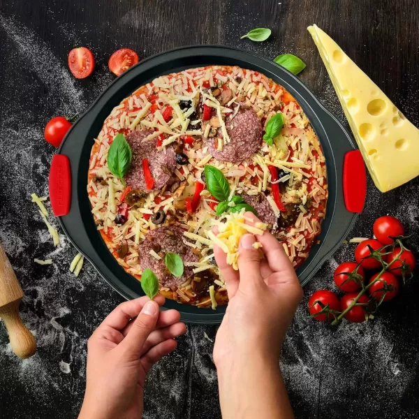 imageNutriChef 3Piece Nonstick Kitchen Oven Baking Pans  Premium ampamp Stylish NonStick Steel Commercial Grade Restaurant Quality Metal Bakeware with Red Silicone Handles  Easy to Clean NCSBS3S10Piece Set