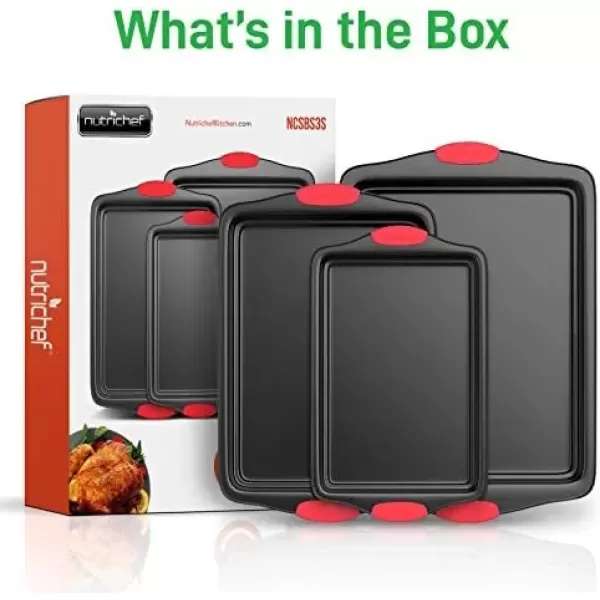 imageNutriChef 3Piece Nonstick Kitchen Oven Baking Pans  Premium ampamp Stylish NonStick Steel Commercial Grade Restaurant Quality Metal Bakeware with Red Silicone Handles  Easy to Clean NCSBS3S3Piece Set
