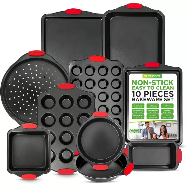 imageNutriChef 3Piece Nonstick Kitchen Oven Baking Pans  Premium ampamp Stylish NonStick Steel Commercial Grade Restaurant Quality Metal Bakeware with Red Silicone Handles  Easy to Clean NCSBS3S10Piece Set