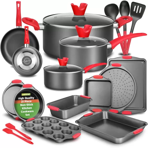 imageNutriChef 3Piece Nonstick Kitchen Oven Baking Pans  Premium ampamp Stylish NonStick Steel Commercial Grade Restaurant Quality Metal Bakeware with Red Silicone Handles  Easy to Clean NCSBS3S21Piece Set