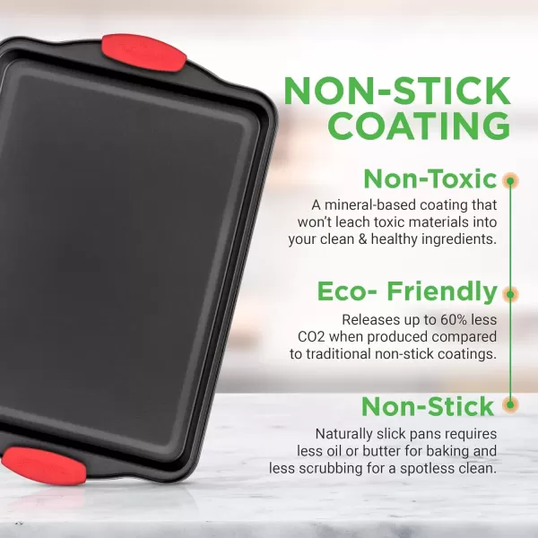 imageNutriChef 3Piece Nonstick Kitchen Oven Baking Pans  Premium ampamp Stylish NonStick Steel Commercial Grade Restaurant Quality Metal Bakeware with Red Silicone Handles  Easy to Clean NCSBS3S3Piece Set
