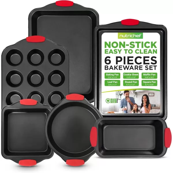 imageNutriChef 3Piece Nonstick Kitchen Oven Baking Pans  Premium ampamp Stylish NonStick Steel Commercial Grade Restaurant Quality Metal Bakeware with Red Silicone Handles  Easy to Clean NCSBS3S6Piece Set