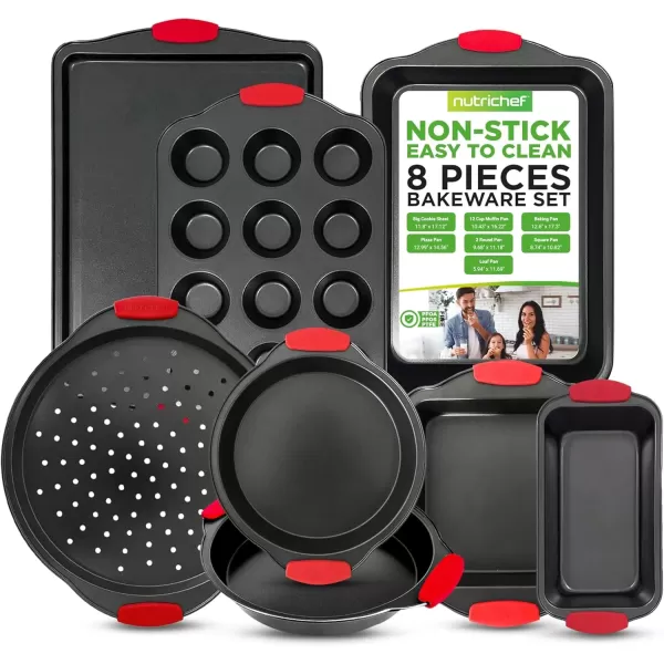 imageNutriChef 3Piece Nonstick Kitchen Oven Baking Pans  Premium ampamp Stylish NonStick Steel Commercial Grade Restaurant Quality Metal Bakeware with Red Silicone Handles  Easy to Clean NCSBS3S8Piece Set