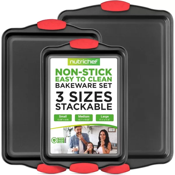imageNutriChef 3Piece Nonstick Kitchen Oven Baking Pans  Premium ampamp Stylish NonStick Steel Commercial Grade Restaurant Quality Metal Bakeware with Red Silicone Handles  Easy to Clean NCSBS3S3Piece Set