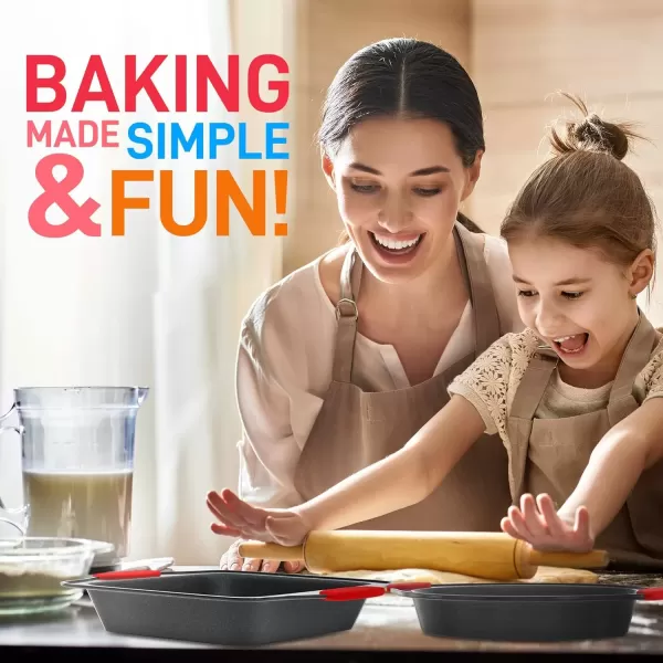 imageNutriChef 3Piece Nonstick Kitchen Oven Baking Pans  Premium ampamp Stylish NonStick Steel Commercial Grade Restaurant Quality Metal Bakeware with Red Silicone Handles  Easy to Clean NCSBS3S10Piece Set