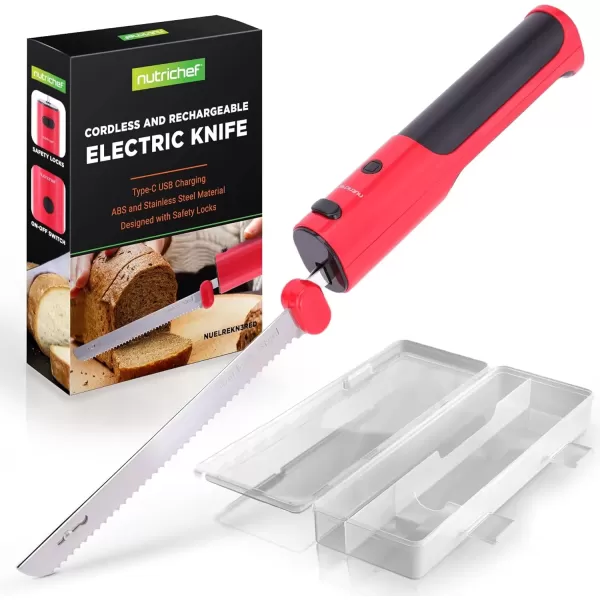 imageNutriChef Cordless Electric Knife  Easy to Use Constant ONOFF Safety Function Button  Carve Turkey Meats Poultry Bread Cheese ampamp More  Lightweight with Contoured Grip Handle  White ampamp GreyRed