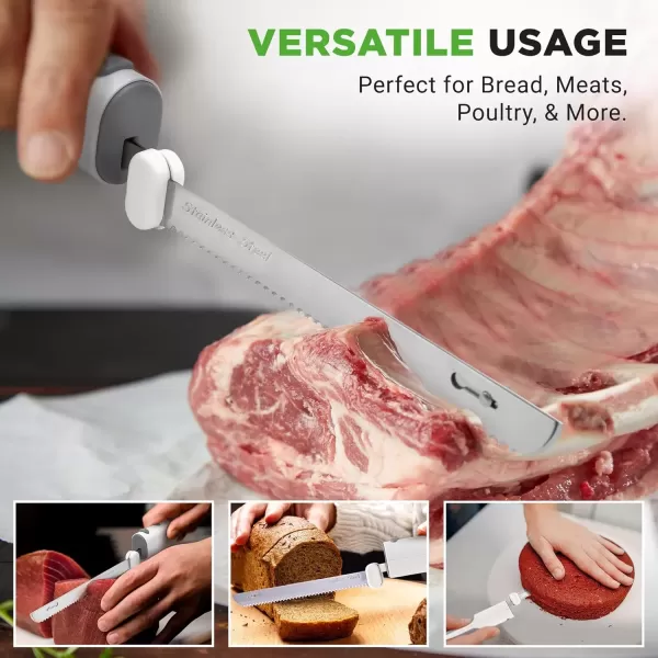 imageNutriChef Cordless Electric Knife  Easy to Use Constant ONOFF Safety Function Button  Carve Turkey Meats Poultry Bread Cheese ampamp More  Lightweight with Contoured Grip Handle  White ampamp GreyWhite