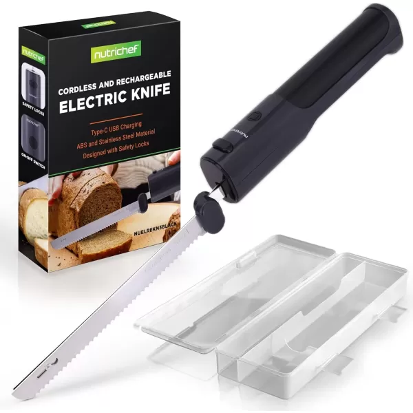 imageNutriChef Cordless Electric Knife  Easy to Use Constant ONOFF Safety Function Button  Carve Turkey Meats Poultry Bread Cheese ampamp More  Lightweight with Contoured Grip Handle  White ampamp GreyBlack