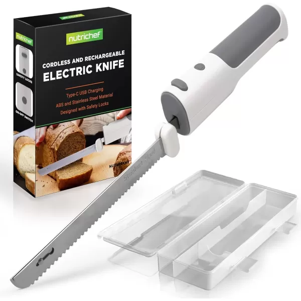 imageNutriChef Cordless Electric Knife  Easy to Use Constant ONOFF Safety Function Button  Carve Turkey Meats Poultry Bread Cheese ampamp More  Lightweight with Contoured Grip Handle  White ampamp GreyWhite