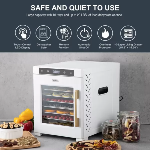 imageNutriChef Electric Countertop Food Dehydrator 900Watt Premium MultiTier Meat Beef Jerky Maker FruitVegetable Dryer w10 Shelf Stainless Steel TraysDigital TimerTemperature ControlNCFD10SWhite