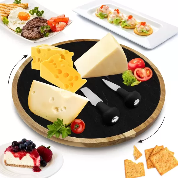 imageNutriChef JP Cons Catalog Master Rotating Lazy Susan Cheese Board12 Inch Diameter Acacia Wood Platter Turntable Serving Set wSlate Stone PlateStainlessSteel Cutting KnivesFor Picnic PKCZBD40