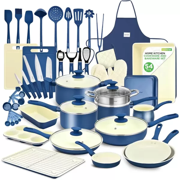 imageNutrichef 54Piece Marble NonStick Cookware and Bakeware Set Professional Home Kitchen Collection with MultiSized Pots Pans and HeatResistant ToolsBlue Gray