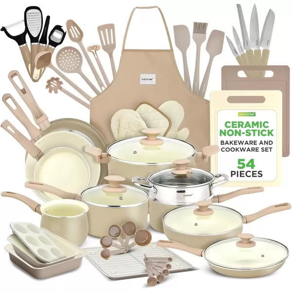 imageNutrichef 54Piece Marble NonStick Cookware and Bakeware Set Professional Home Kitchen Collection with MultiSized Pots Pans and HeatResistant ToolsTaupe Brown
