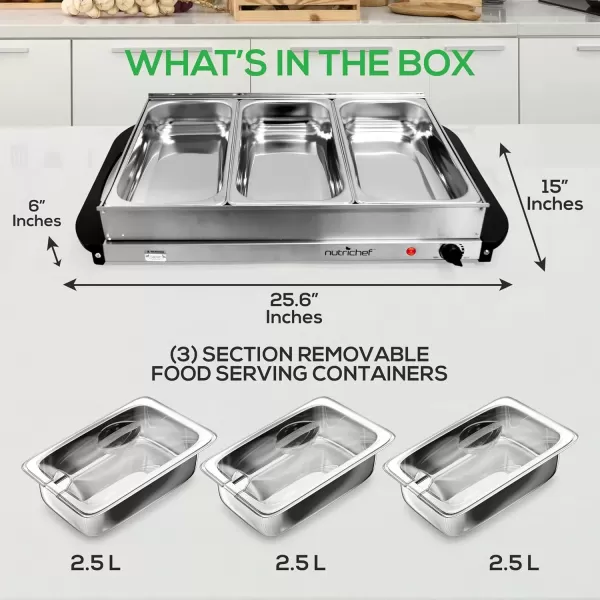 imageNutrichef Professional Stainless Steel Buffet Warmer Server with 3 Trays  Portable Hot Plate Food Warmer Station for Parties ampamp Events  Easy to Clean  3 Seethrough lids  Max Temperature 175F3 Pot 35 Quart