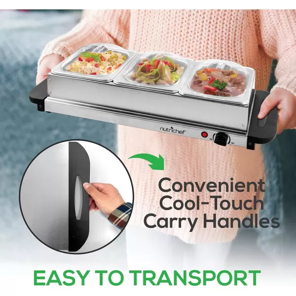 imageNutrichef Professional Stainless Steel Buffet Warmer Server with 3 Trays  Portable Hot Plate Food Warmer Station for Parties ampamp Events  Easy to Clean  3 Seethrough lids  Max Temperature 175F3 Pot 35 Quart