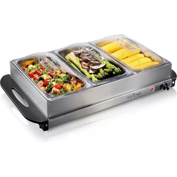 imageNutrichef Professional Stainless Steel Buffet Warmer Server with 3 Trays  Portable Hot Plate Food Warmer Station for Parties ampamp Events  Easy to Clean  3 Seethrough lids  Max Temperature 175F3 Pot 35 Quart