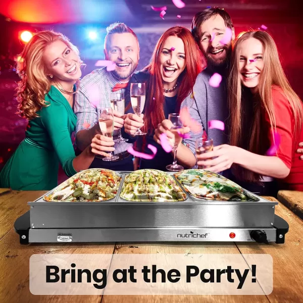 imageNutrichef Professional Stainless Steel Buffet Warmer Server with 3 Trays  Portable Hot Plate Food Warmer Station for Parties ampamp Events  Easy to Clean  3 Seethrough lids  Max Temperature 175F3 Pot 35 Quart