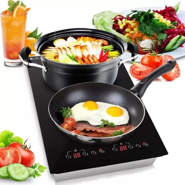 imageDual 120V Electric Induction Cooker  1800w Portable Digital Ceramic Countertop Double Burner Cooktop wCountdown Timer  Works wStainless Steel PanMagnetic Cookware  NutriChef