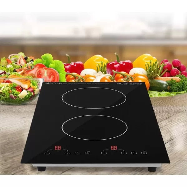 imageDual 120V Electric Induction Cooker  1800w Portable Digital Ceramic Countertop Double Burner Cooktop wCountdown Timer  Works wStainless Steel PanMagnetic Cookware  NutriChef