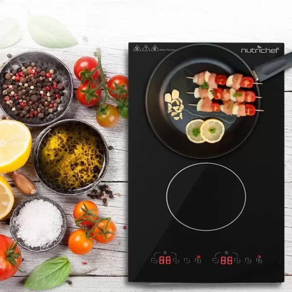 imageDual 120V Electric Induction Cooker  1800w Portable Digital Ceramic Countertop Double Burner Cooktop wCountdown Timer  Works wStainless Steel PanMagnetic Cookware  NutriChef
