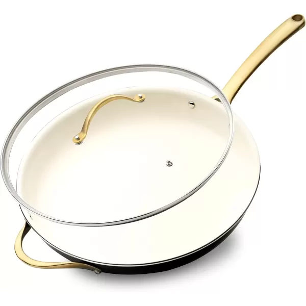 imageNutriChef 12Inch Professional Ceramic Frying Pan With Lid  Large Skillet with Golden Titanium Handle NonStick Ceramic Coating StainResistant Easy to Clean Ideal for Home Cooking14 Frying Pan