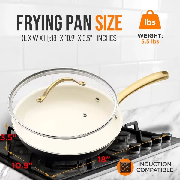 imageNutriChef 12Inch Professional Ceramic Frying Pan With Lid  Large Skillet with Golden Titanium Handle NonStick Ceramic Coating StainResistant Easy to Clean Ideal for Home Cooking10 Frying Pan