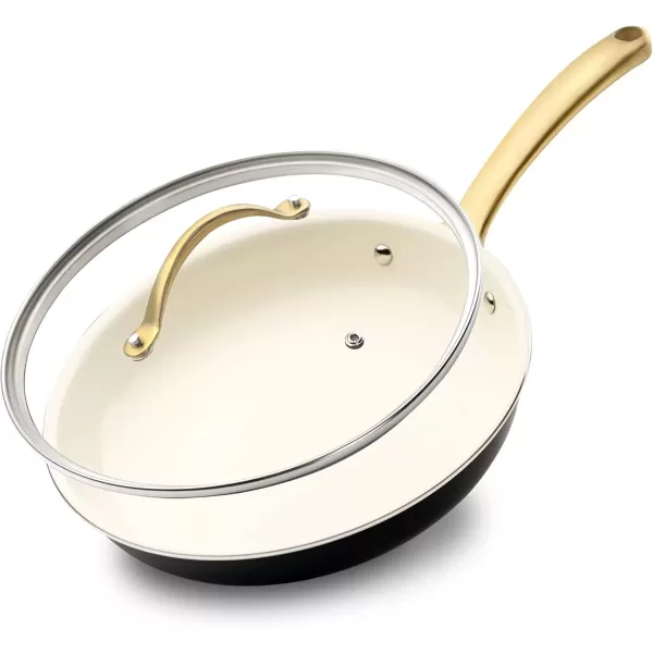 imageNutriChef 12Inch Professional Ceramic Frying Pan With Lid  Large Skillet with Golden Titanium Handle NonStick Ceramic Coating StainResistant Easy to Clean Ideal for Home Cooking12 Frying Pan