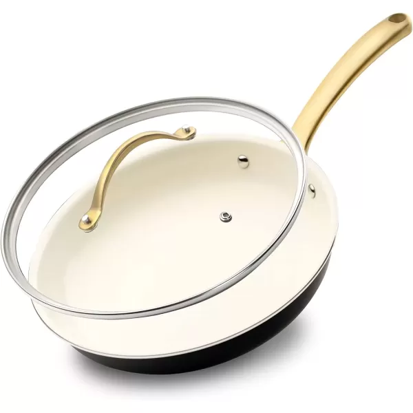 imageNutriChef 12Inch Professional Ceramic Frying Pan With Lid  Large Skillet with Golden Titanium Handle NonStick Ceramic Coating StainResistant Easy to Clean Ideal for Home Cooking10 Frying Pan