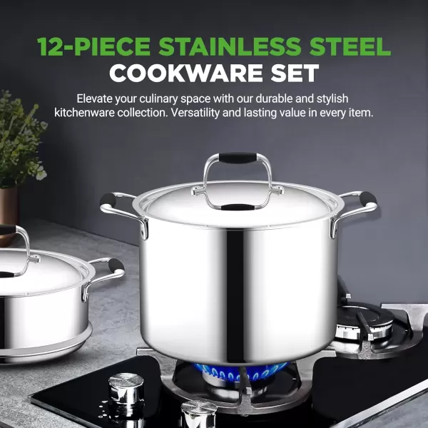 imageNutriChef 12Piece Stainless Steel Kitchenware  Pots ampamp Pans Set Clad Kitchen Cookware w Silicone Grip Handles Fry Pan Interior Coated w Prestige Ceramic NonStick Coating Stylish Kitchen CookwareStainless Steel