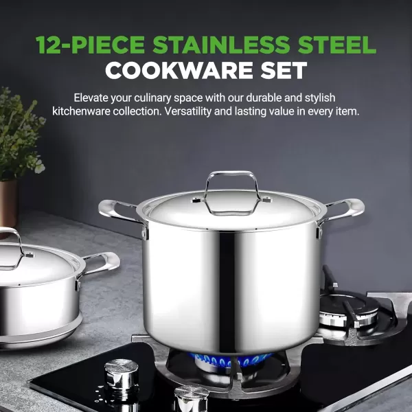 imageNutriChef 12Piece Stainless Steel Kitchenware  Pots ampamp Pans Set Clad Kitchen Cookware w Silicone Grip Handles Fry Pan Interior Coated w Prestige Ceramic NonStick Coating Stylish Kitchen CookwareSilver
