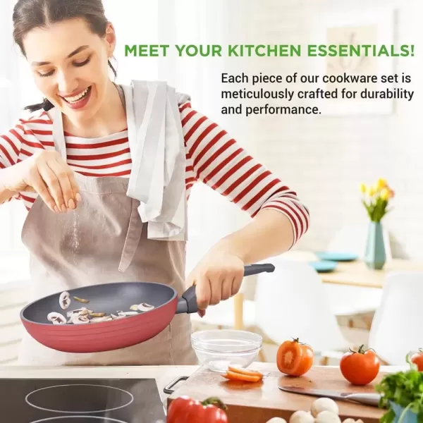 imageNutriChef 12Piece Stainless Steel Kitchenware  Pots ampamp Pans Set Clad Kitchen Cookware w Silicone Grip Handles Fry Pan Interior Coated w Prestige Ceramic NonStick Coating Stylish Kitchen CookwareRed