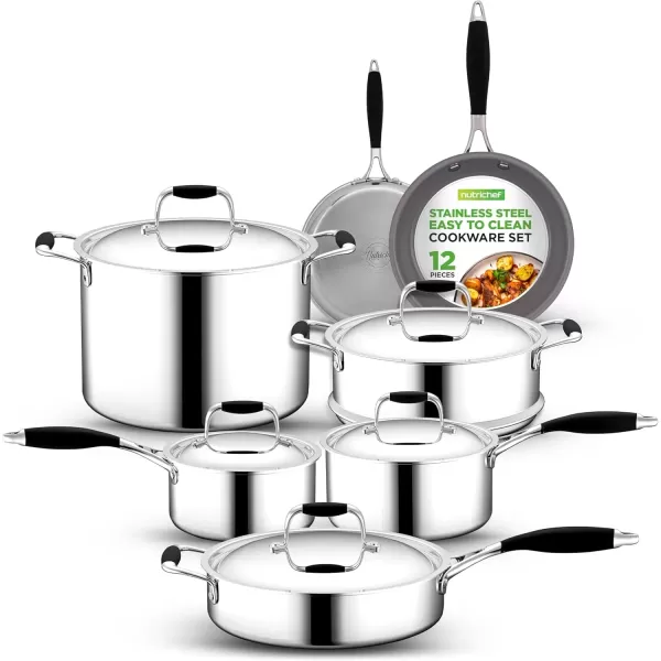 imageNutriChef 12Piece Stainless Steel Kitchenware  Pots ampamp Pans Set Clad Kitchen Cookware w Silicone Grip Handles Fry Pan Interior Coated w Prestige Ceramic NonStick Coating Stylish Kitchen CookwareStainless Steel